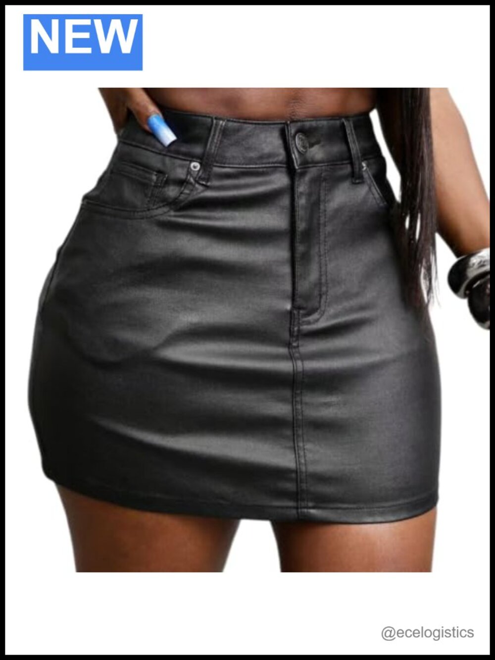 Faux Leather Stretchy Bodycon Mini Skirt with Pocket